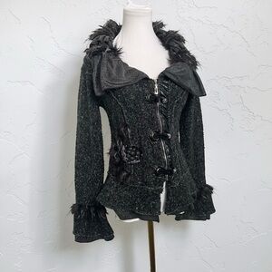 Whimsigoth Victorian Gothic Jacket Feather Trim Corset Style Zip L